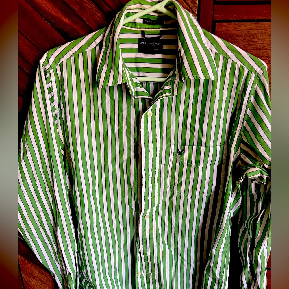 American Eagle green and white Striped Men's Shirt